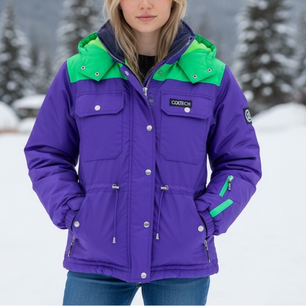 Vintage Coltech Purple Neon Green Ski Jacket‎ Sz 8 Hooded Colorblock Winter Coat